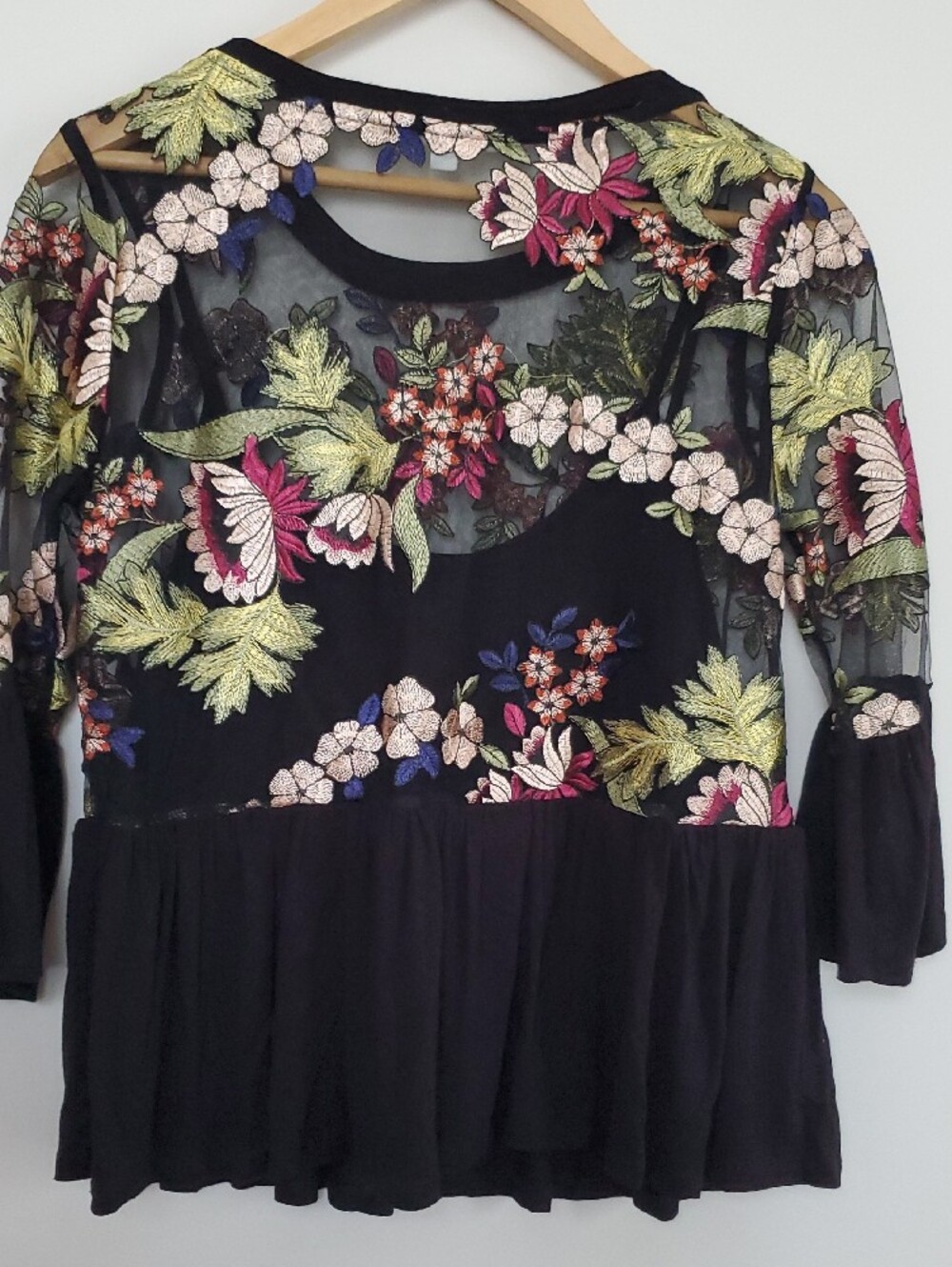 Eri+Ali Floral Embroidered Black Mesh Peplum Tunic - Picture 2 of 5